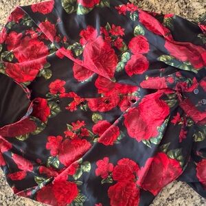 New York & Company Black Blouse with Red & Green Floral Print